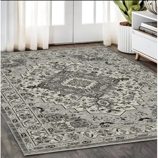 Gray And Ivory Medallion Area Rug With Fringe Photo 1