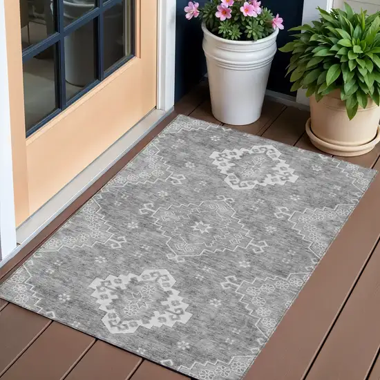 Gray And Ivory Medallion Washable Indoor Outdoor Area Rug Photo 1