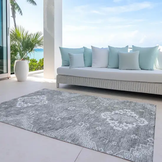 Gray And Ivory Medallion Washable Indoor Outdoor Area Rug Photo 7