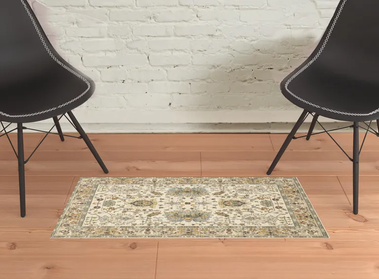 Gray And Ivory Oriental Power Loom Area Rug With Fringe Photo 2