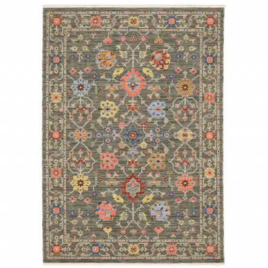 Gray And Ivory Oriental Power Loom Runner Rug With Fringe Photo 2