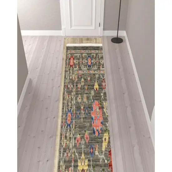 Gray And Ivory Oriental Power Loom Runner Rug With Fringe Photo 3