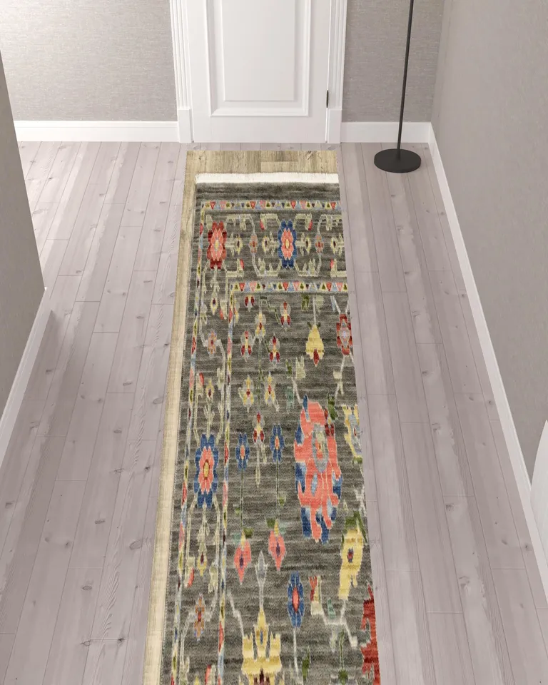 Gray And Ivory Oriental Power Loom Runner Rug With Fringe Photo 3