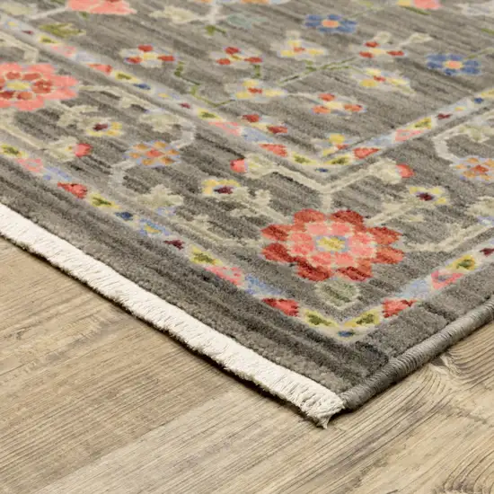 Gray And Ivory Oriental Power Loom Runner Rug With Fringe Photo 6