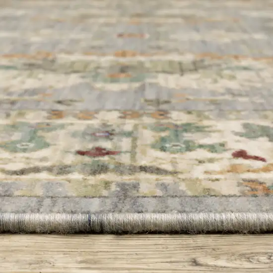 Gray And Ivory Oriental Power Loom Runner Rug With Fringe Photo 9