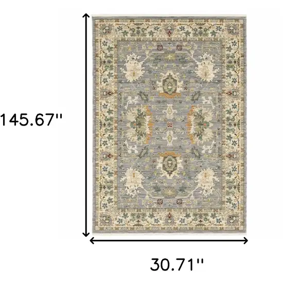 Gray And Ivory Oriental Power Loom Runner Rug With Fringe Photo 8