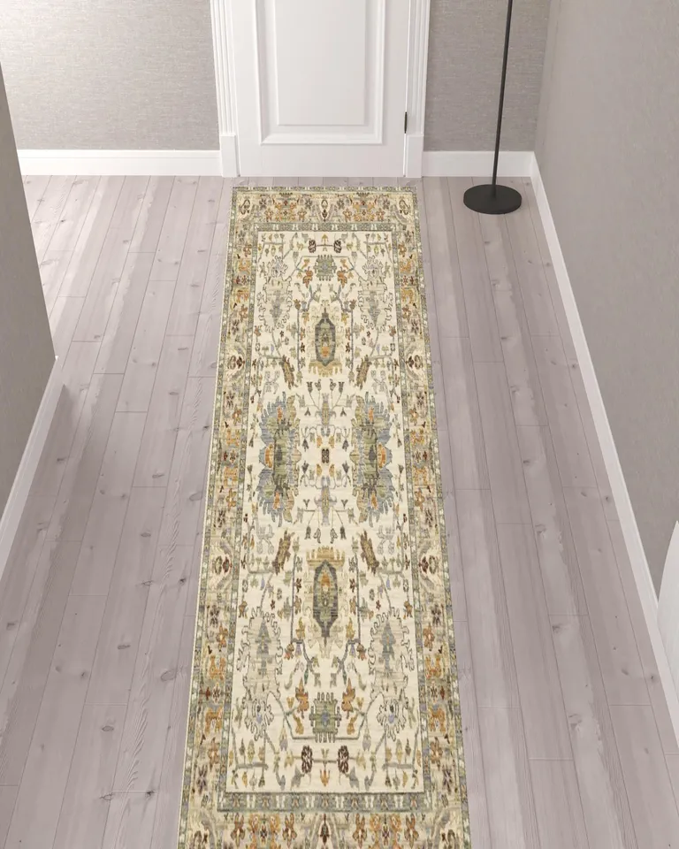 Gray And Ivory Oriental Power Loom Runner Rug With Fringe Photo 2