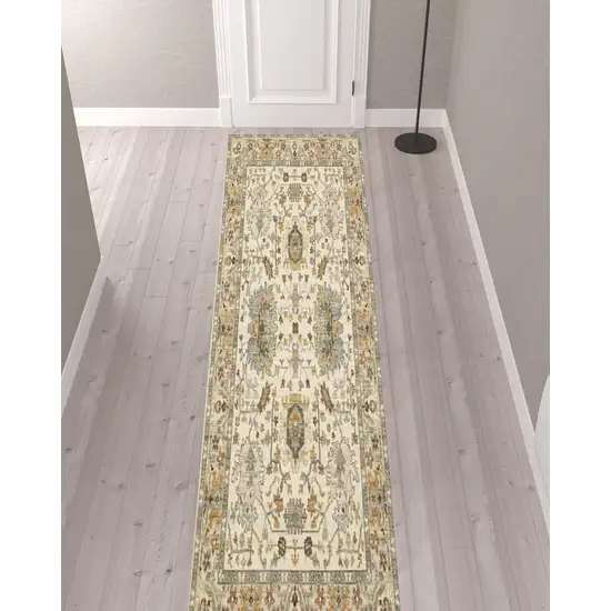 Gray And Ivory Oriental Power Loom Runner Rug With Fringe Photo 2