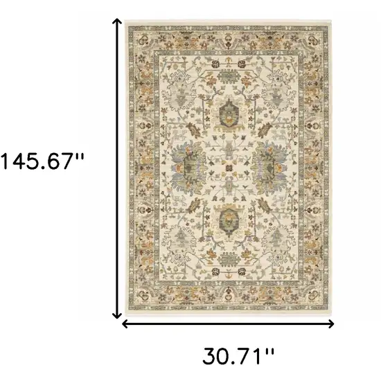 Gray And Ivory Oriental Power Loom Runner Rug With Fringe Photo 9