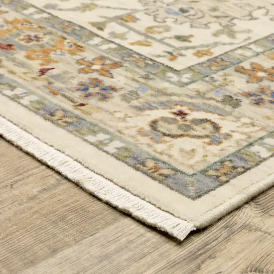 Gray And Ivory Oriental Power Loom Runner Rug With Fringe Photo 5