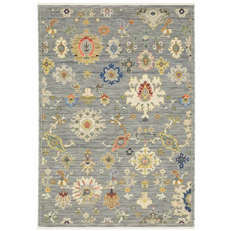 Gray And Ivory Oriental Power Loom Runner Rug With Fringe Photo 2