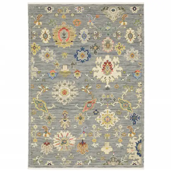 Gray And Ivory Oriental Power Loom Runner Rug With Fringe Photo 2