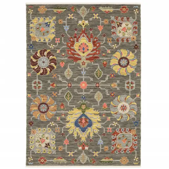 Gray And Ivory Oriental Power Loom Runner Rug With Fringe Photo 1