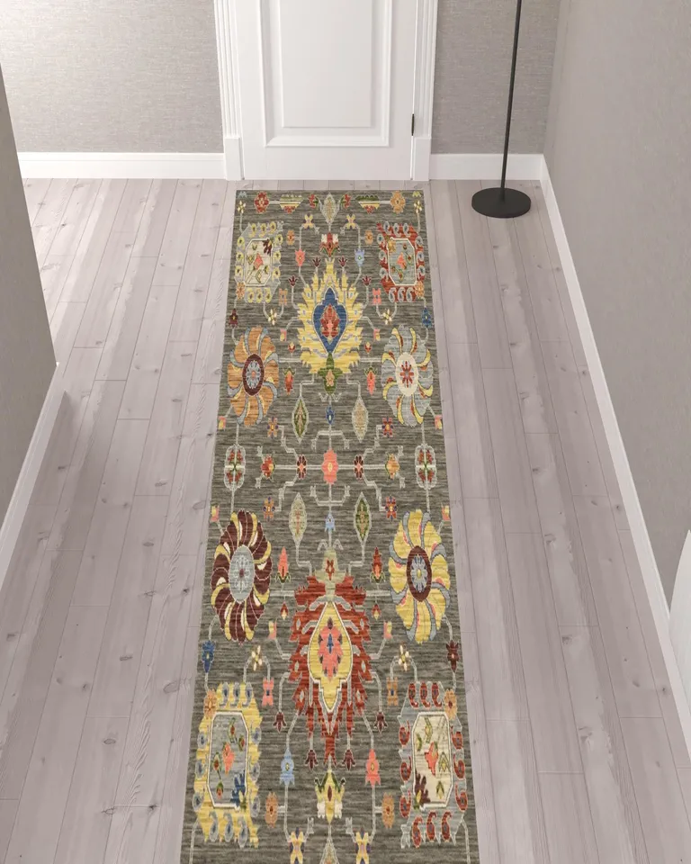 Gray And Ivory Oriental Power Loom Runner Rug With Fringe Photo 2