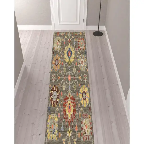 Gray And Ivory Oriental Power Loom Runner Rug With Fringe Photo 2