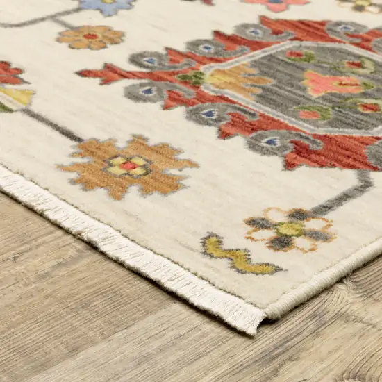 Gray And Ivory Oriental Power Loom Runner Rug With Fringe Photo 6