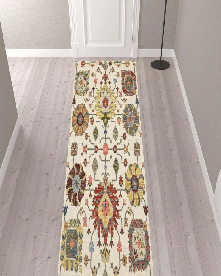 Gray And Ivory Oriental Power Loom Runner Rug With Fringe Photo 4