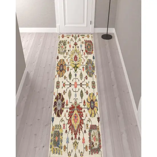 Gray And Ivory Oriental Power Loom Runner Rug With Fringe Photo 4