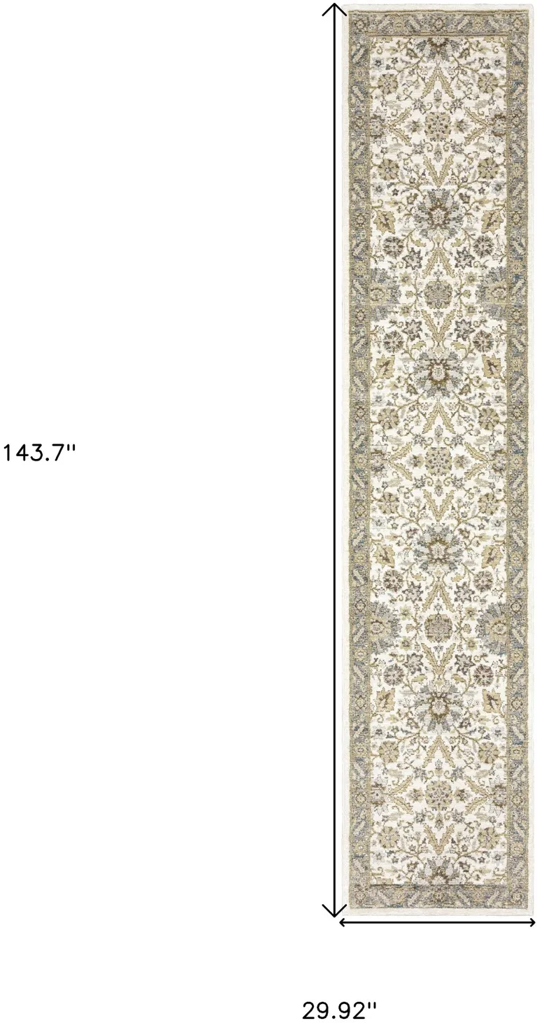 Gray And Ivory Oriental Power Loom Runner Rug Photo 5