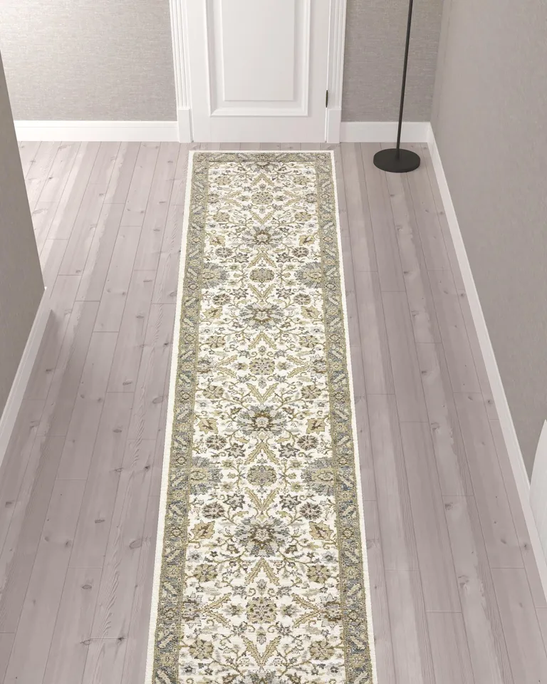 Gray And Ivory Oriental Power Loom Runner Rug Photo 2