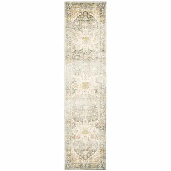 Gray And Ivory Oriental Power Loom Stain Resistant Runner Rug Photo 1