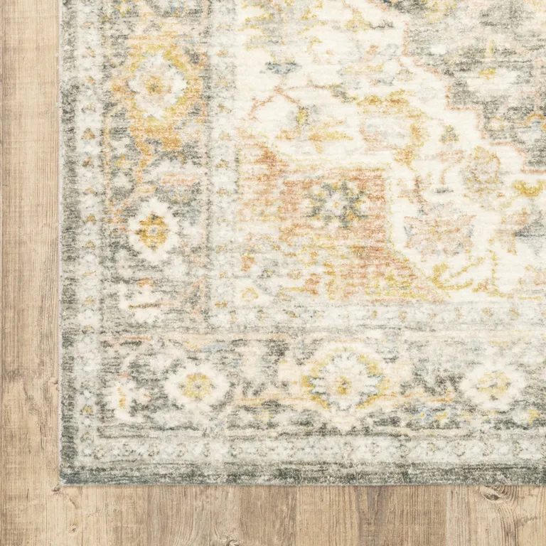 Gray And Ivory Oriental Power Loom Stain Resistant Runner Rug Photo 2