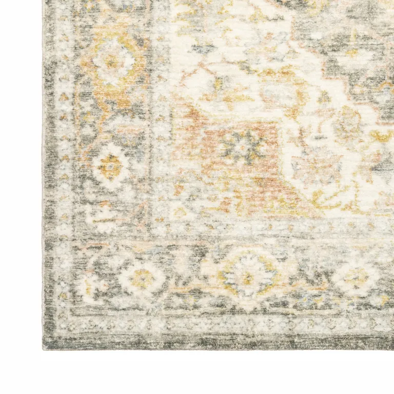 Gray And Ivory Oriental Power Loom Stain Resistant Runner Rug Photo 3