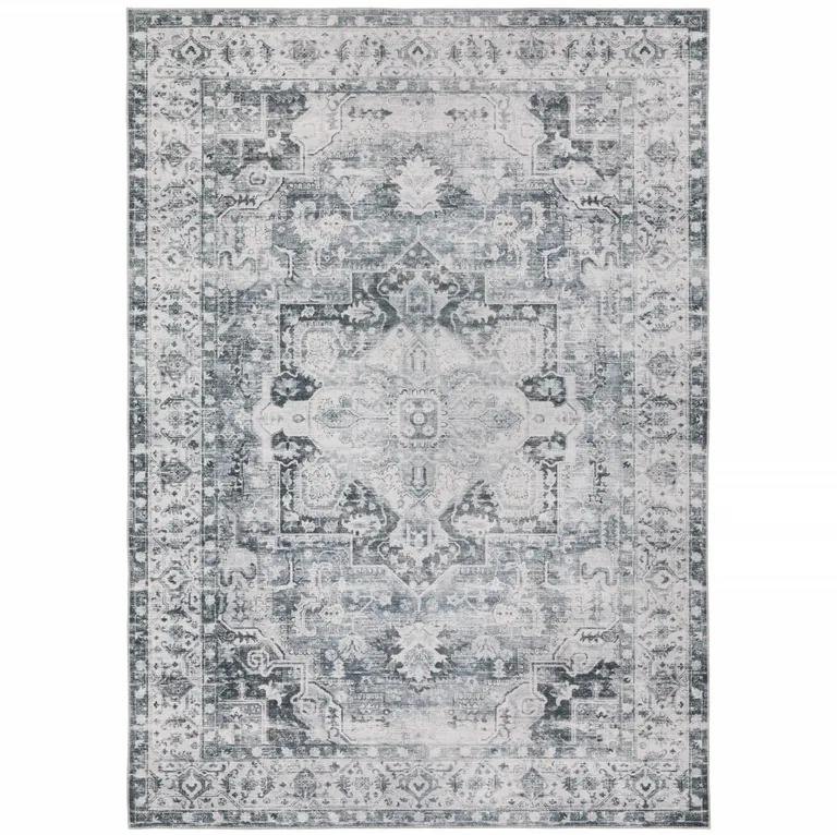 Gray And Ivory Oriental Printed Non Skid Area Rug Photo 2