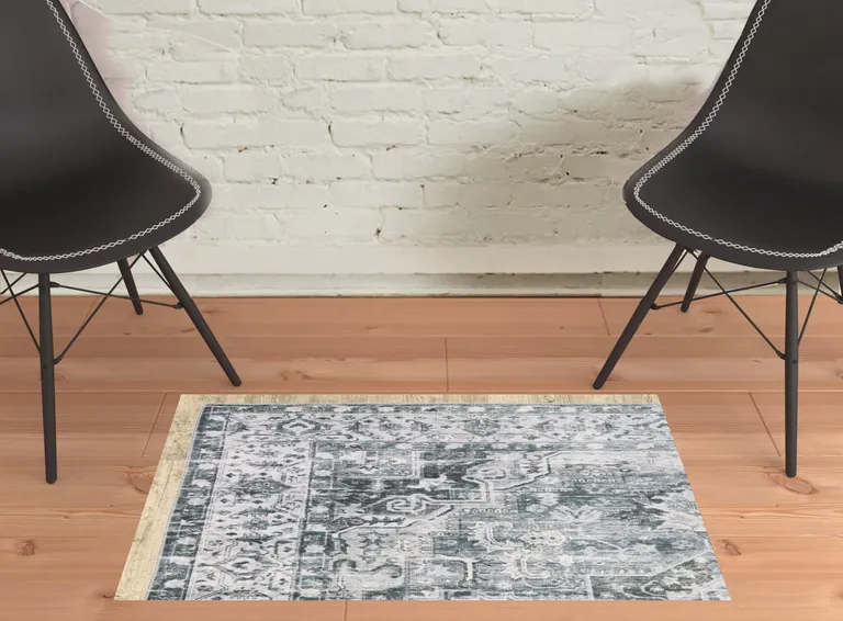 Gray And Ivory Oriental Printed Non Skid Area Rug Photo 3