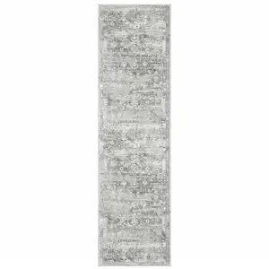 Photo of Gray And Ivory Oriental Printed Stain Resistant Non Skid Runner Rug