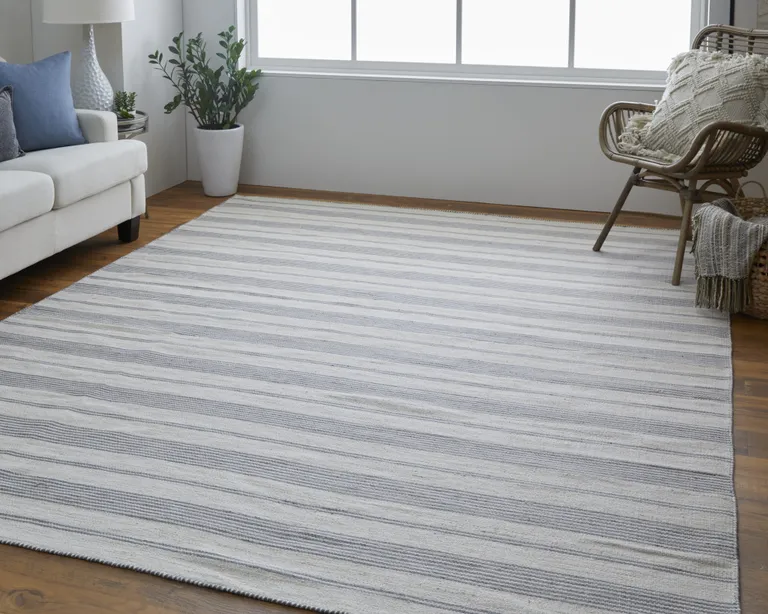 Gray And Ivory Striped Dhurrie Hand Woven Stain Resistant Area Rug Photo 5