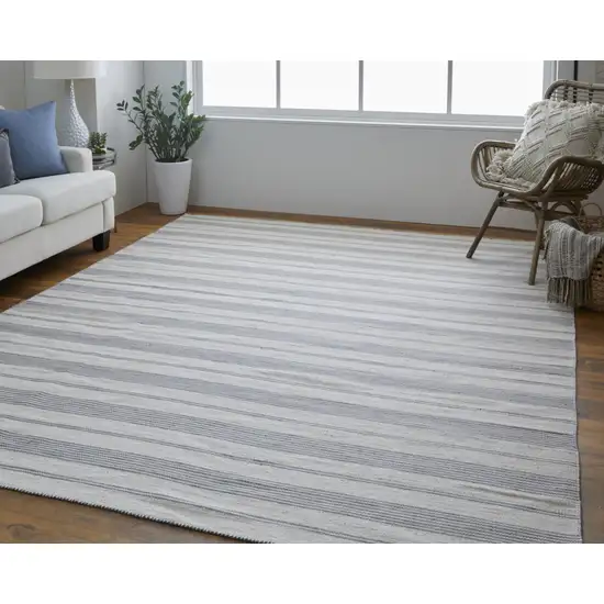 Gray And Ivory Striped Dhurrie Hand Woven Stain Resistant Area Rug Photo 5