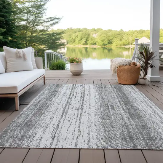 Gray And Ivory Striped Washable Indoor Outdoor Area Rug Photo 8