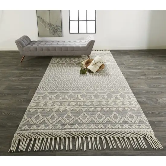 Gray And Ivory Wool Geometric Hand Woven Area Rug With Fringe Photo 1