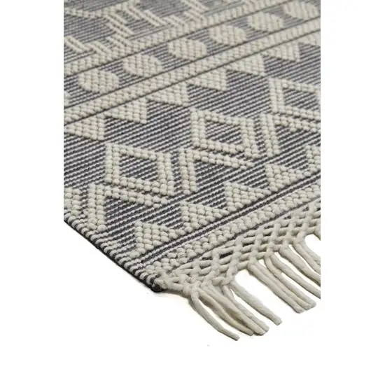 Gray And Ivory Wool Geometric Hand Woven Area Rug With Fringe Photo 4