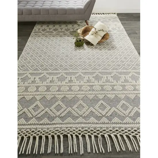 Gray And Ivory Wool Geometric Hand Woven Area Rug With Fringe Photo 8