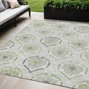 Photo of Gray And Olive Green Medallion Washable Indoor Outdoor Area Rug