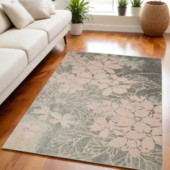 Gray And Pink Floral Area Rug Photo 1