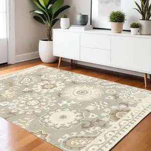 Photo of Gray And Sand Wool Floral Hand Tufted Area Rug