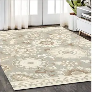 Photo of Gray And Sand Wool Floral Hand Tufted Area Rug