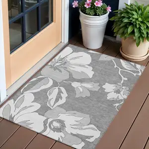 Photo of Gray And Silver Floral Washable Indoor Outdoor Area Rug