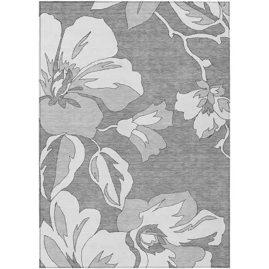 Gray And Silver Floral Washable Indoor Outdoor Area Rug Photo 2