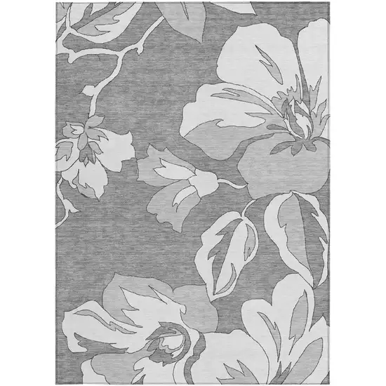 Gray And Silver Floral Washable Indoor Outdoor Area Rug Photo 7