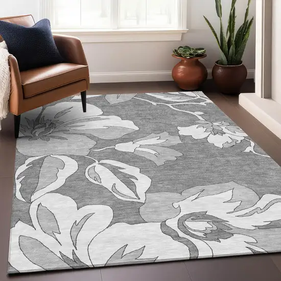 Gray And Silver Floral Washable Indoor Outdoor Area Rug Photo 9