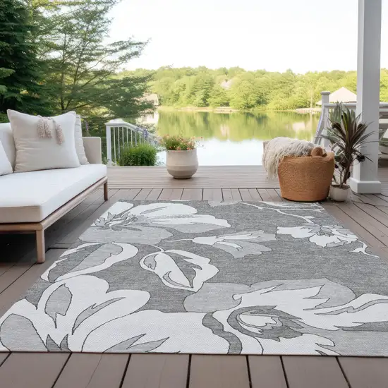 Gray And Silver Floral Washable Indoor Outdoor Area Rug Photo 8