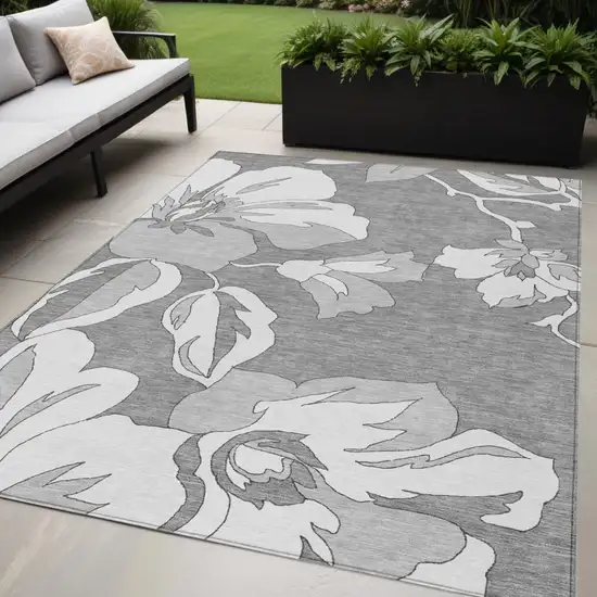 Gray And Silver Floral Washable Indoor Outdoor Area Rug Photo 1