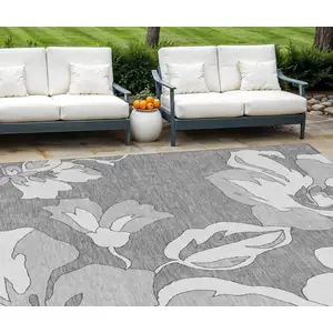 Photo of Gray And Silver Floral Washable Indoor Outdoor Area Rug