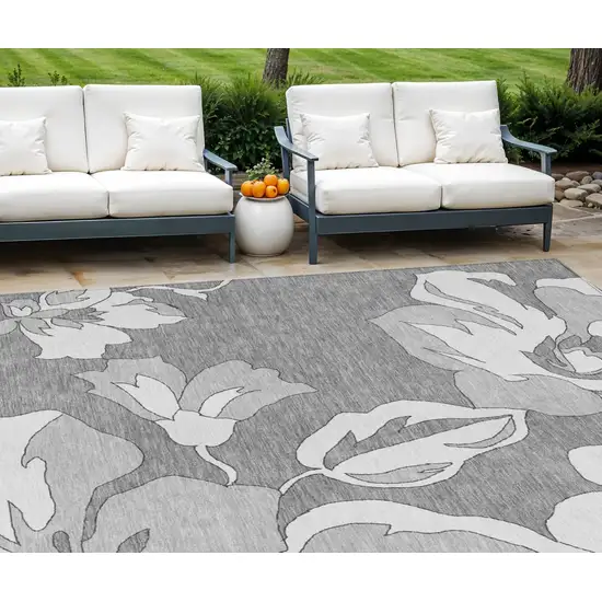 Gray And Silver Floral Washable Indoor Outdoor Area Rug Photo 1