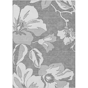 Photo of Gray And Silver Floral Washable Indoor Outdoor Area Rug