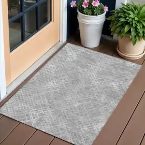 Photo of Gray And Silver Geometric Washable Indoor Outdoor Area Rug